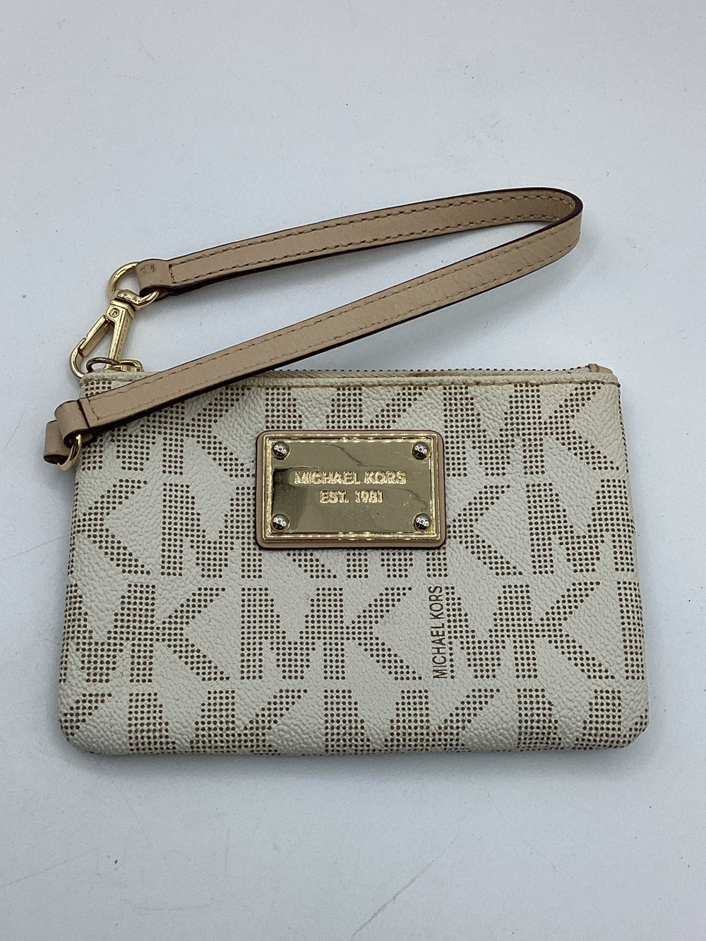 Michael Kors Beige Logo Wristlet with Gold Plate